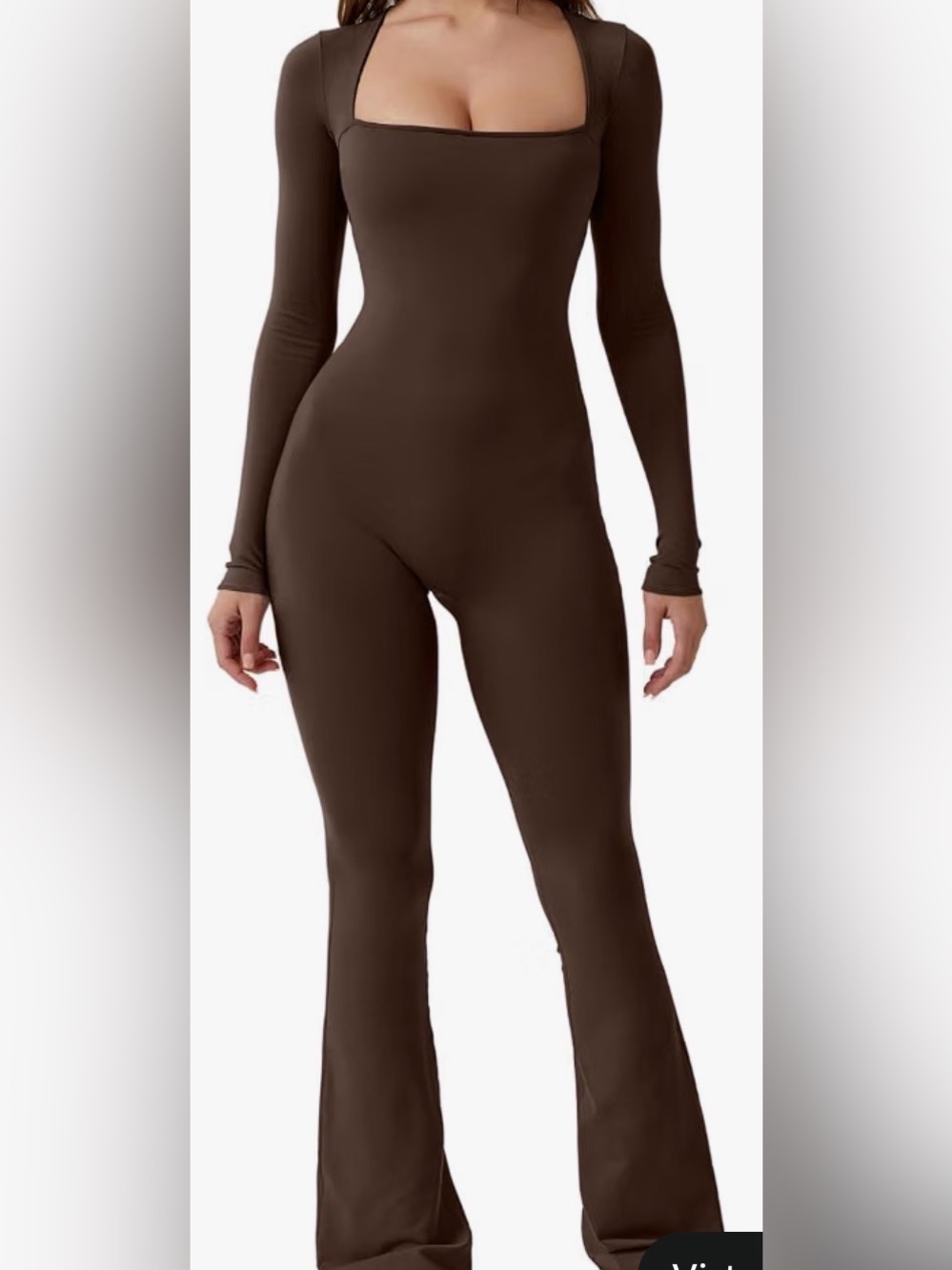 QINSEN size SMALL* Long-Sleeve Square-Neck Skinny Jumpsuit in BROWN.